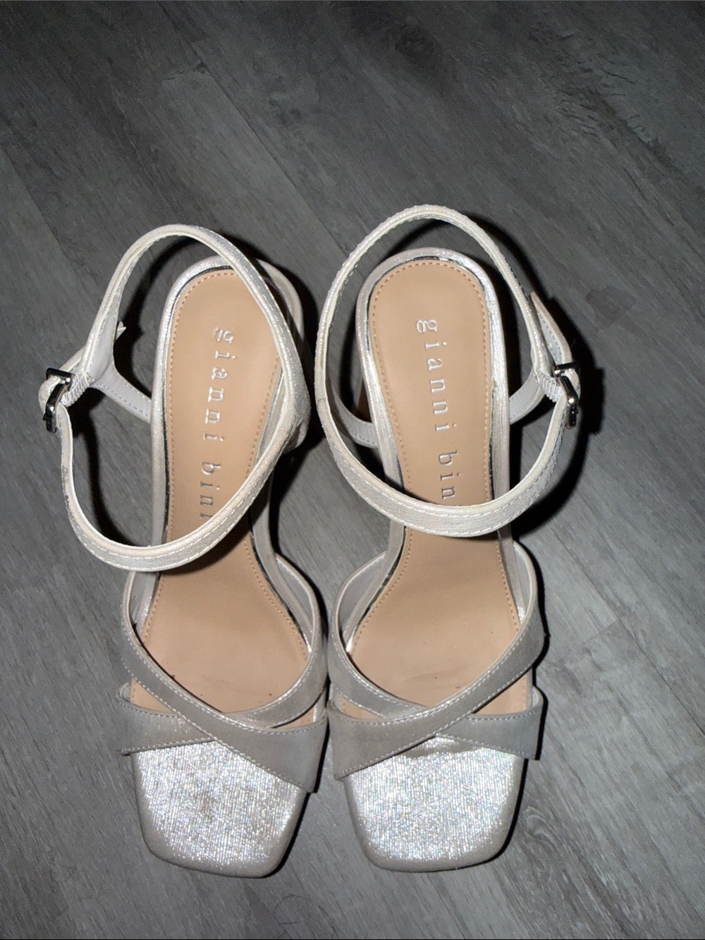 Gianni Bini Silver and Beige Strappy Block Heel Sandals